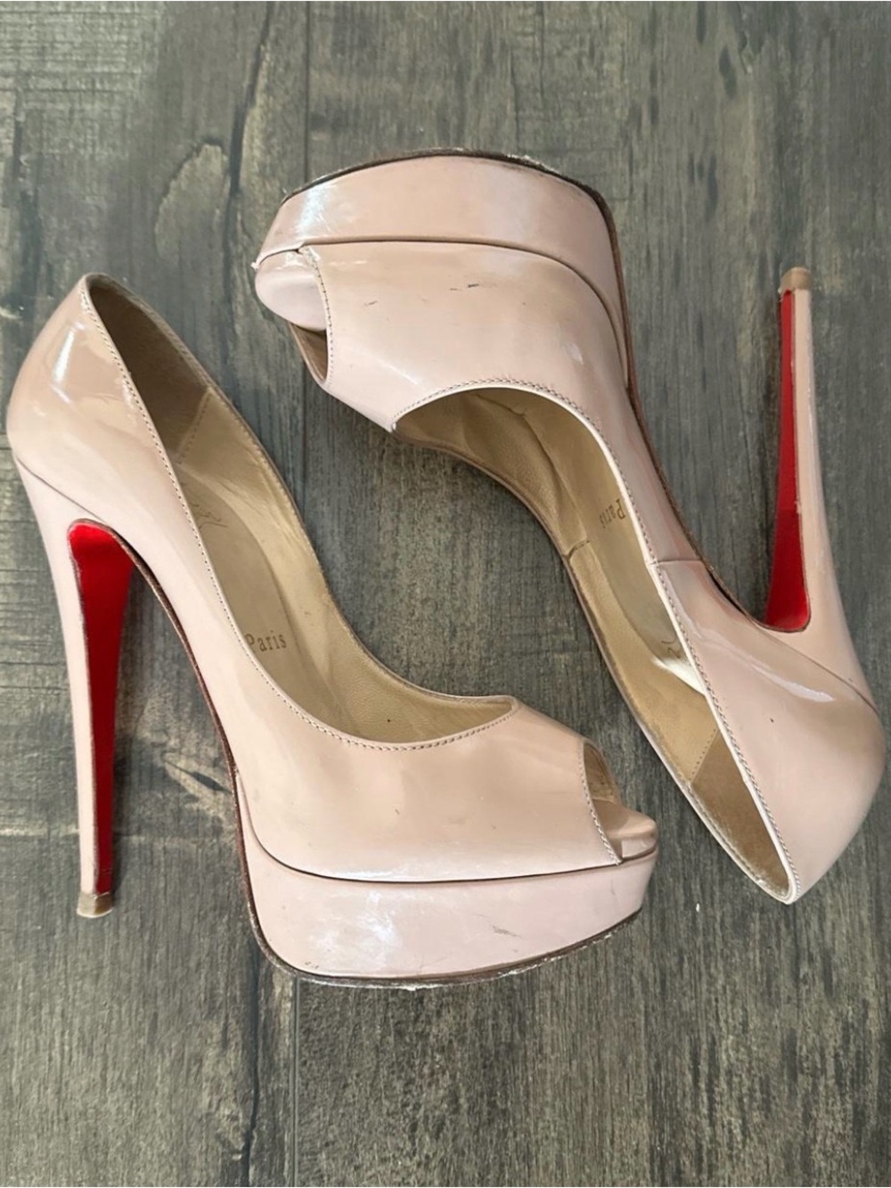 Christian Louboutin Blush Patent Leather Peep-Toe Platform Pumps